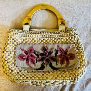 Vintage Embroidered Straw Handbag